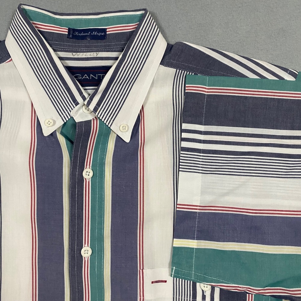 Vintage Gant Foxhunt‎ Stripe Mens Large Short Sleeve Button Down Multi Color